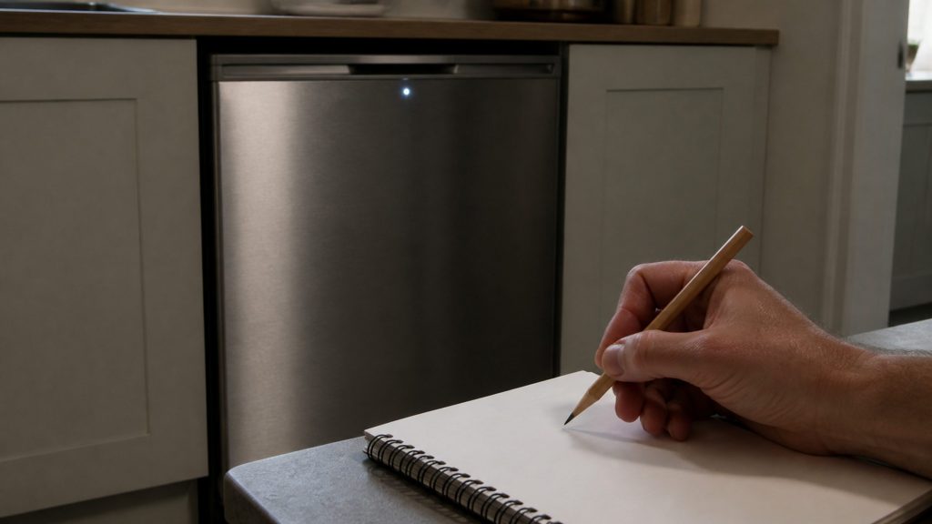 A dim kitchen with one small indicator light glowing on the blank steel front of a dishwasher door, and in the near foreground a hand holding a pencil over an open notepad ready to count.