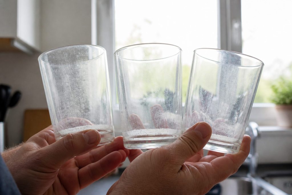 Three drinking glasses held up in front of a bright kitchen window, a chalky white film clouding the outsides of them and a ring of scale at each base.