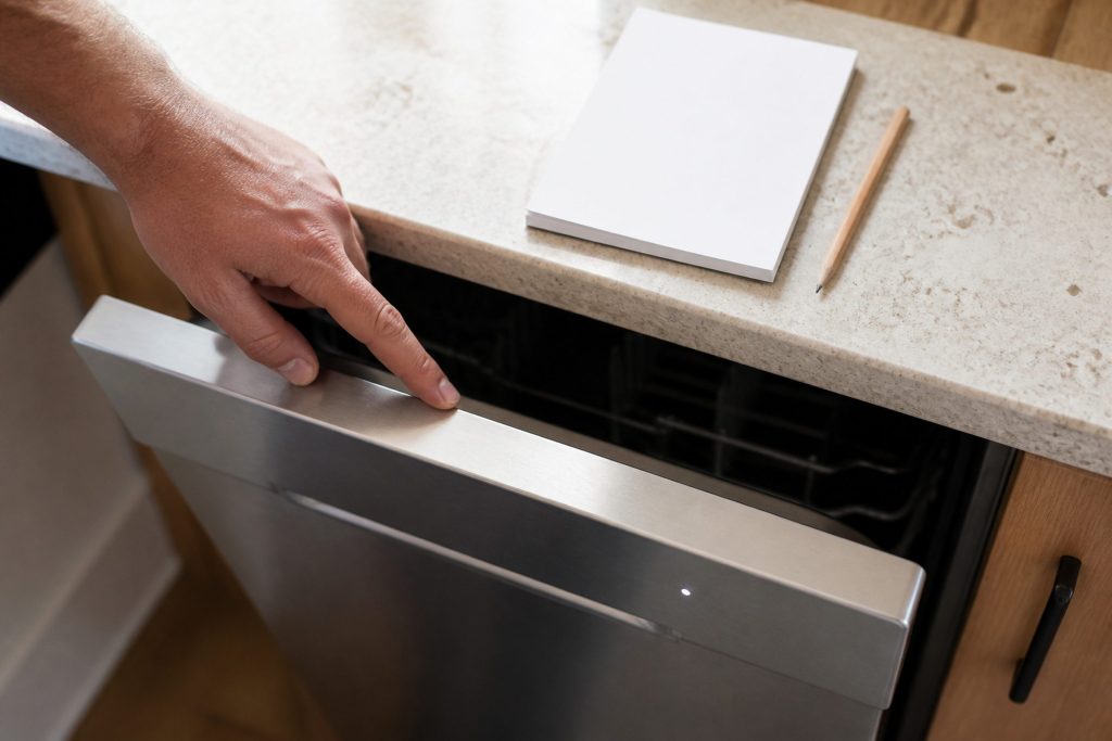 The top edge of an open dishwasher door seen from above, the control strip along it blank brushed steel with a single small light glowing, a finger resting on one unmarked spot, and a plain notepad and pencil lying on the stone counter just behind.