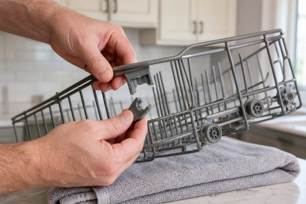 The upper rack of a dishwasher lifted out and stood on a folded towel on the counter, tipped so one side sits lower than the other, two hands holding the broken plastic adjuster clip where it has let go of the rail.