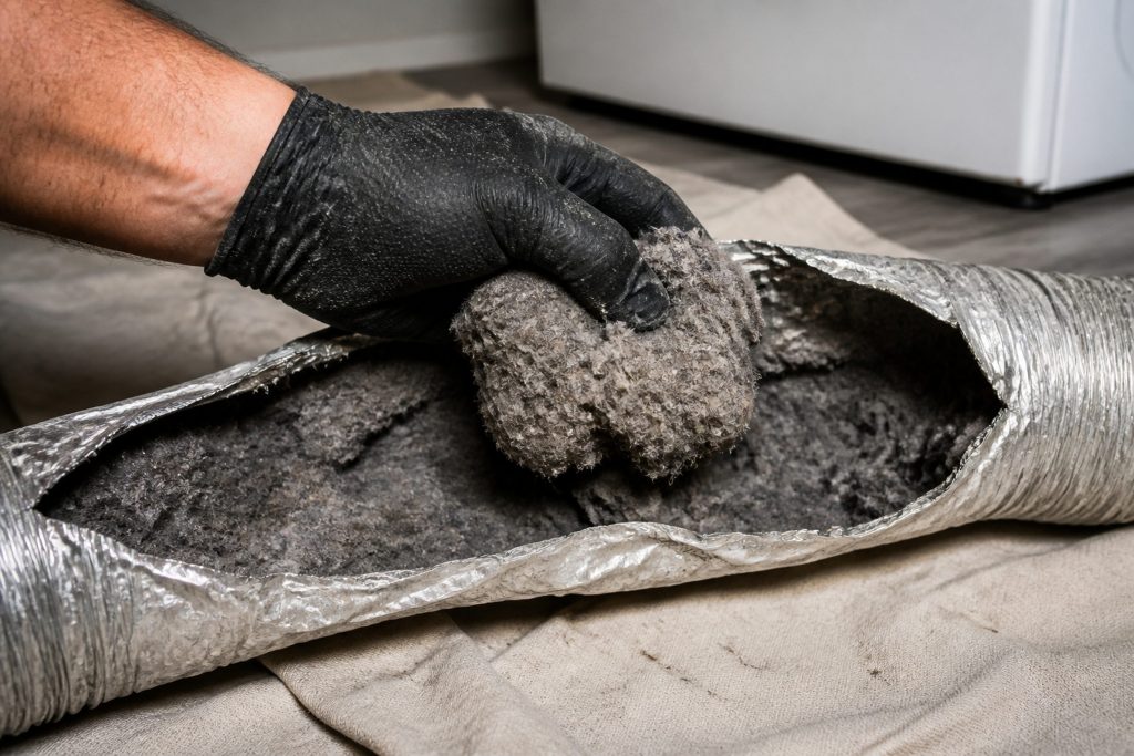 A length of flexible dryer duct split open and laid on a dust sheet, the inside packed solid with matted grey lint, a gloved hand pulling a fist-sized wad of it clear.