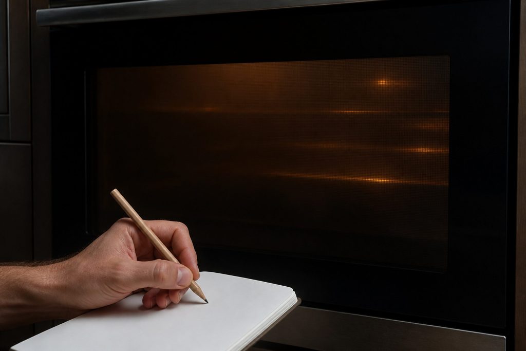 A blank dark oven display glass filling most of the frame with a soft amber glow behind it and no characters, and in the near foreground a hand holding a pencil over an open blank notepad about to write.