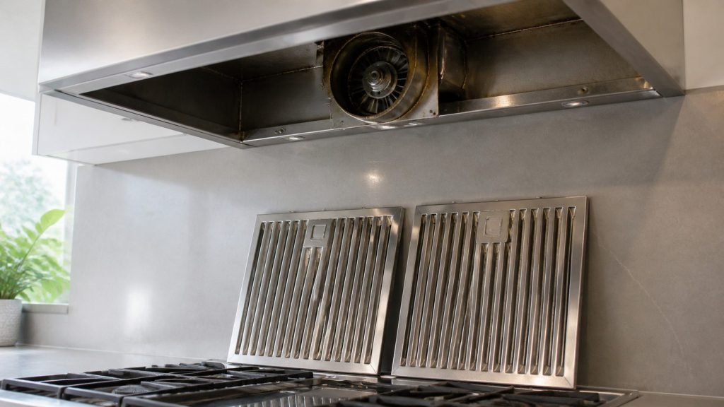 Two stainless baffle filters lifted out of a range hood and leaning against the backsplash on the counter, the empty hood cavity above them open and showing the blower housing and greasy metalwork inside.