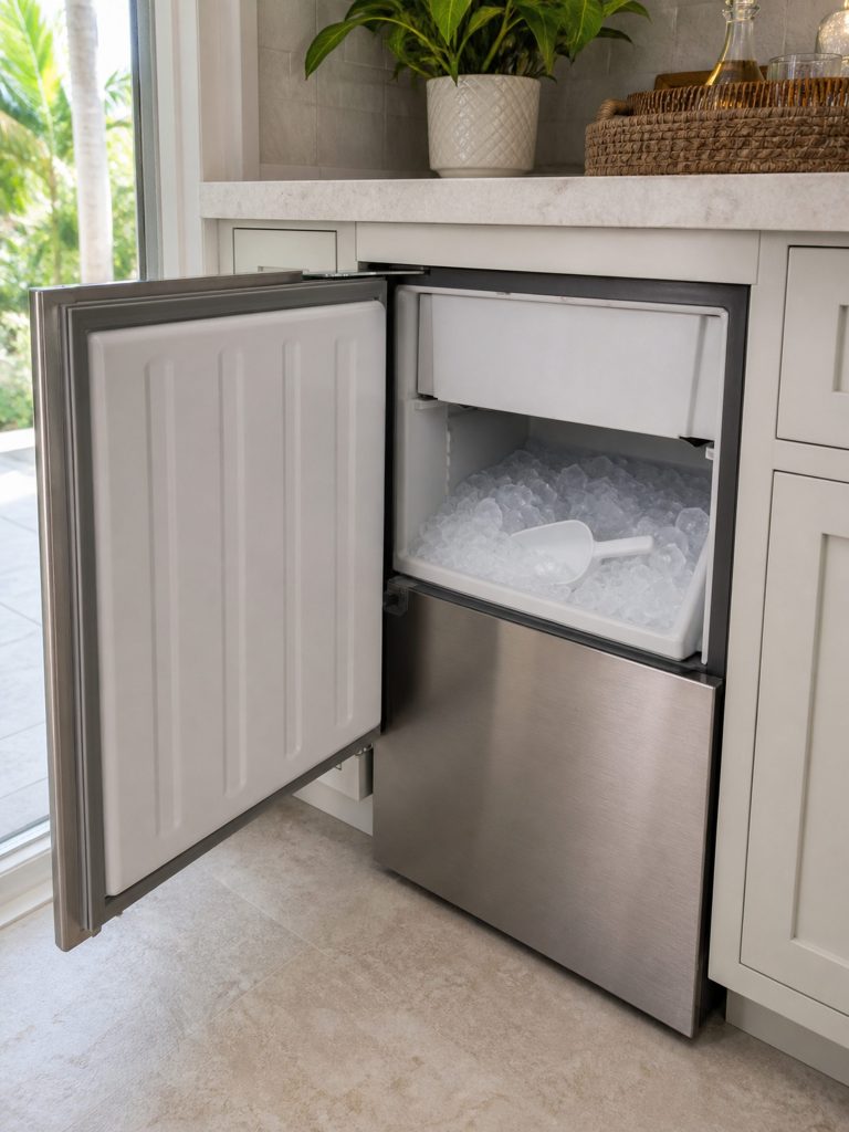 An undercounter ice machine seen from standing height in a run of pale South Florida cabinetry, its door swung fully open to show the storage bin part filled with cubes and the scoop resting on top of them, stone counter above and daylight from a window at the left.