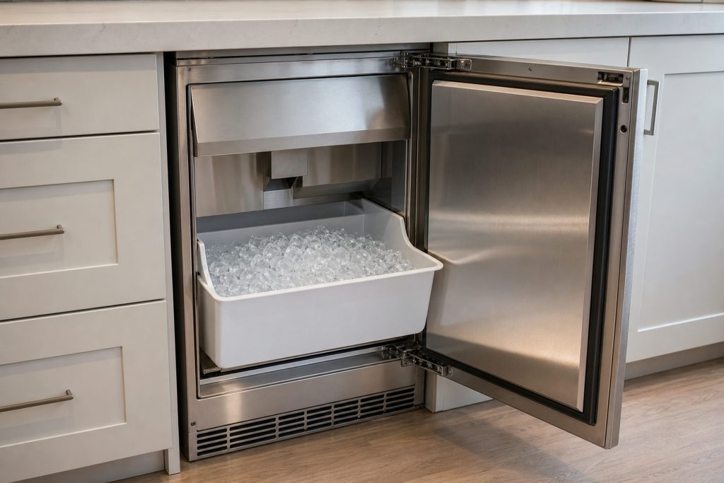 A stainless undercounter machine set into pale cabinetry with its door swung open, the bin below it half full of clear cubes.