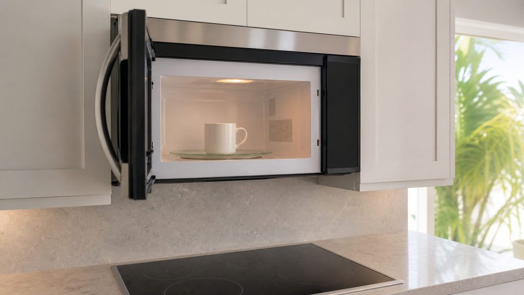 An over-the-range microwave mounted above a cooktop in a pale South Florida kitchen, its door swung open with the interior light on and a plain mug standing on the glass turntable, the cooktop and stone counter below.