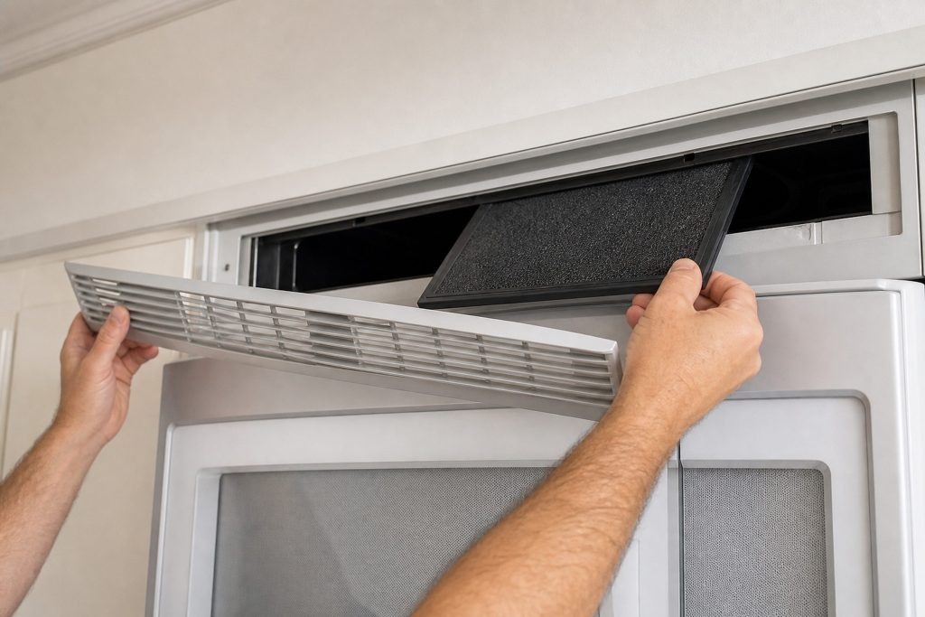 The top grille of an over-the-range microwave removed and held aside by one hand while the other slides the flat rectangular charcoal filter out of its slot behind it, the dark cavity of the slot visible.