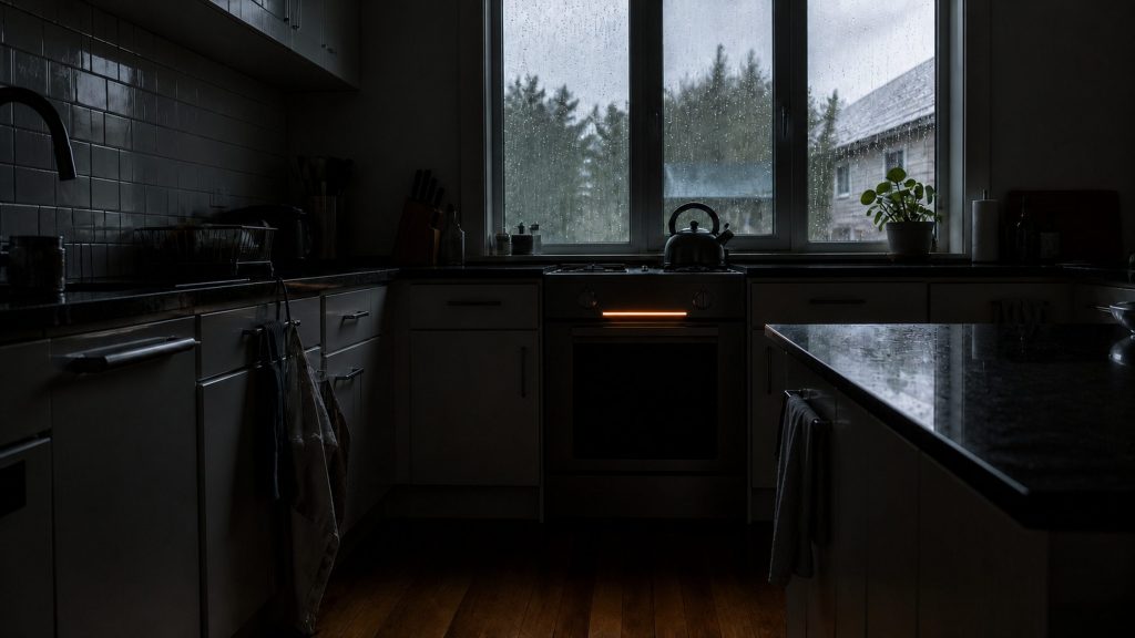 A kitchen at first light after a storm, still mostly dark, a range fascia in the middle distance carrying one small band of warm glow and nothing else lit in the room, wet daylight at the window beyond.