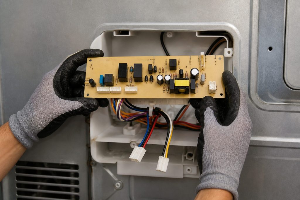 A bare electronic control board held level in two gloved hands over its open housing on the back of a refrigerator, relays and capacitors upward, two disconnected wiring plugs dangling below it.