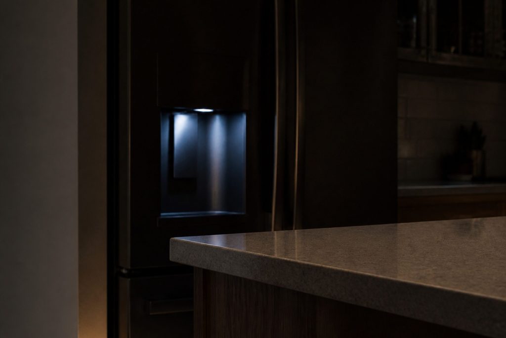 A dark kitchen, a refrigerator's dispenser recess glowing faintly, the counter edge sharp in front of it.