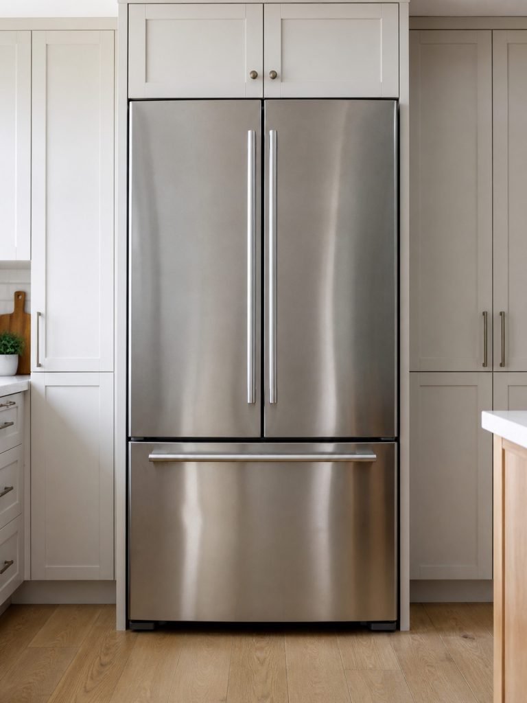 A tall stainless French door refrigerator filling the frame, both upper doors closed and the freezer drawer below shut, standing between cabinets in a bright kitchen, shot straight on from a few steps away.
