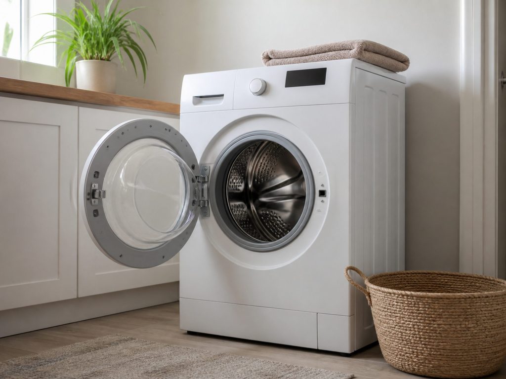 A front-loading washing machine standing in a domestic laundry room with its door open on the empty stainless drum, a folded towel on the machine beside it and a basket on the floor, no person in the frame.