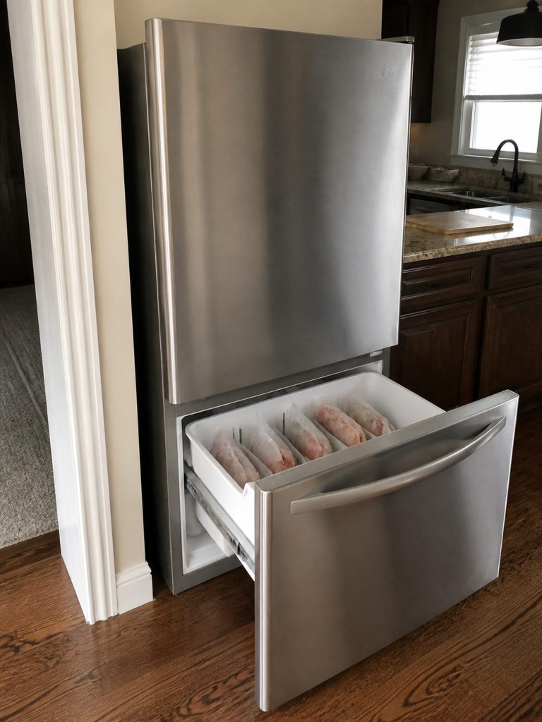 A 30-inch bottom-mount refrigerator with the lower freezer drawer pulled fully out on its runners, packets standing on edge in the basket, the fridge door above closed.