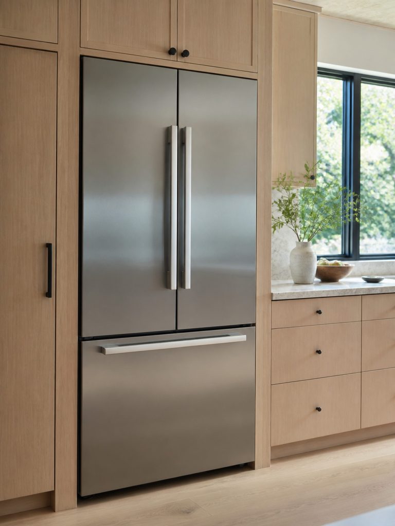 A 36-inch built-in French door refrigerator standing flush in a run of pale oak joinery, both upper doors closed, the freezer drawer below shut, a stone worktop running past it to a window.