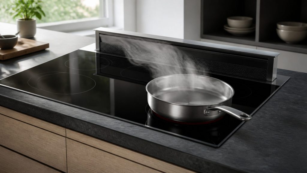 A 30-inch electric radiant cooktop with four elements and a downdraft vent strip risen along its back edge, steam from a pan being drawn into it.