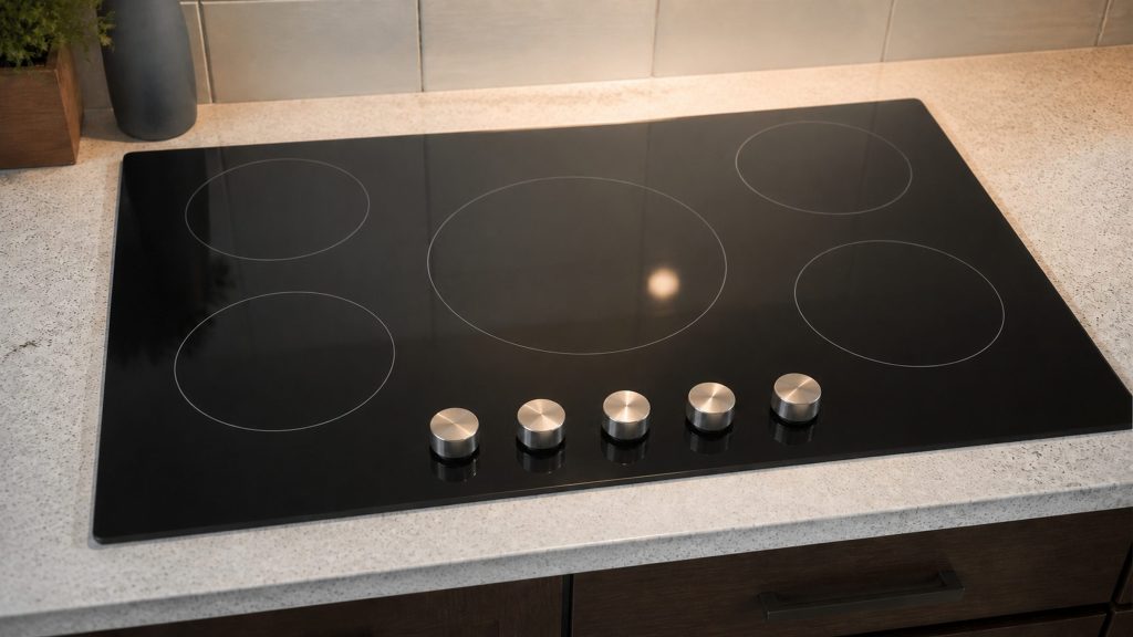 A five-element electric cooktop with a row of control knobs set along its front edge, the glass wiped clean and reflecting a ceiling light.