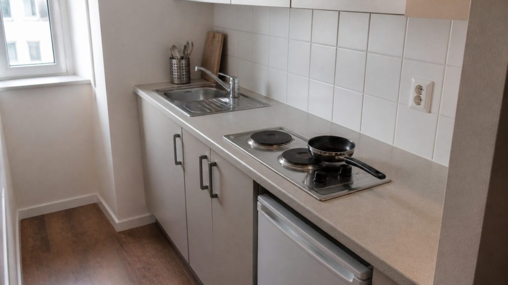 A narrow two-element electric cooktop set into the worktop of a small galley kitchen or an apartment kitchenette, a single small pan on it.