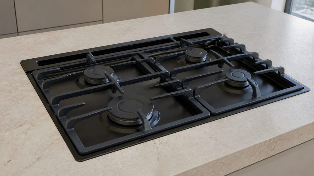 A four-burner gas cooktop with continuous grates and a downdraft vent slot running behind them, set into a pale stone worktop.