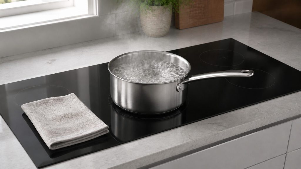 A pan of water at a rolling boil on one zone of a 30-inch induction cooktop, the glass around it dry and cool enough for a cloth lying beside it.