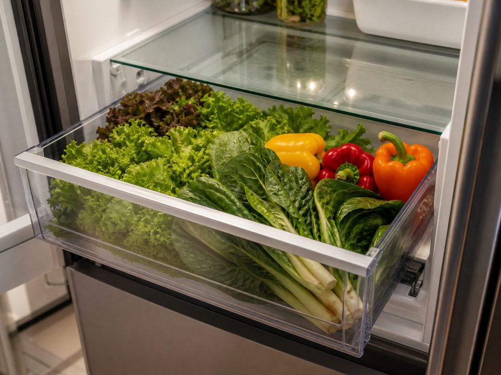 A wide humidity-controlled crisper drawer pulled out of a counter-depth refrigerator, filled with greens and peppers, the shelf glass above it catching the interior light.