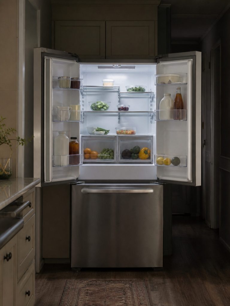 A counter-depth French door refrigerator with both doors swung wide, the interior lit, glass shelves stepped and half loaded, a galley kitchen dark behind it.