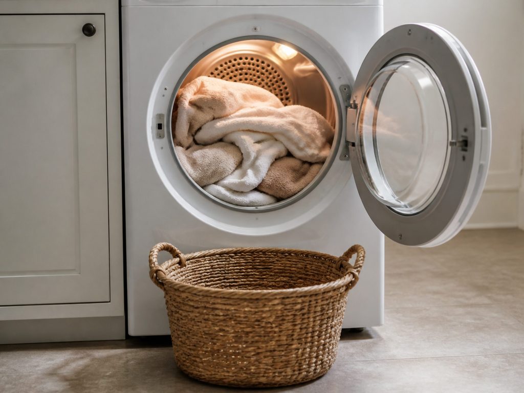 A dryer door standing open at the end of a cycle with warm towels heaped inside the drum, a basket waiting on the floor in front.
