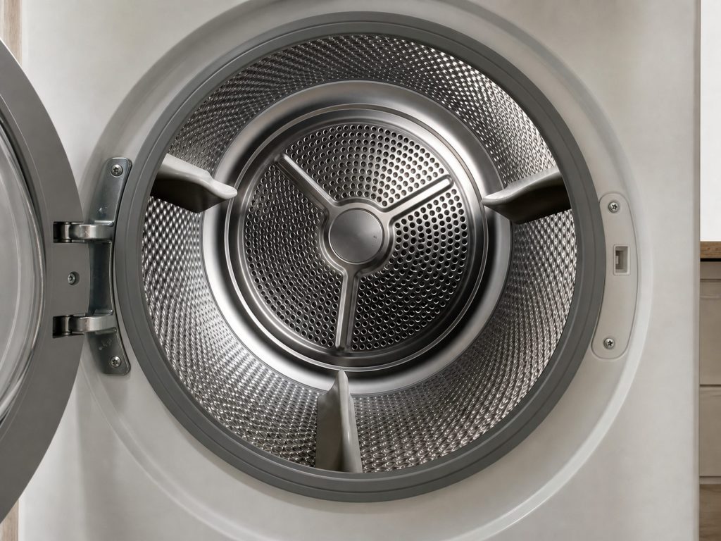 The empty stainless drum of a front-loading dryer seen through the open door, three lifting vanes and the rear air holes catching the light.