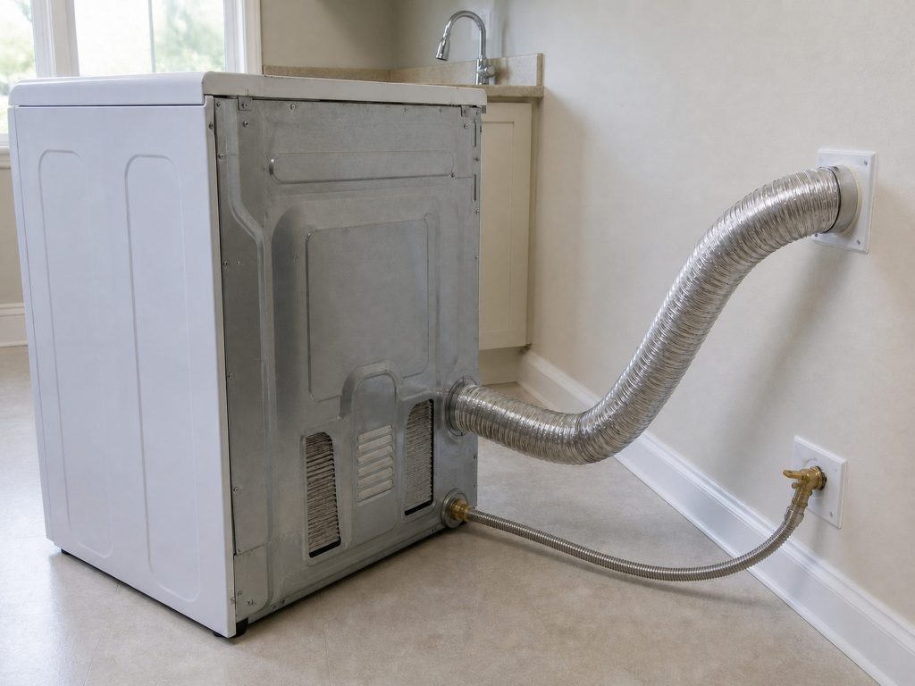 The back of a gas dryer pulled away from the wall, the flexible vent duct running to the wall outlet and the gas connection below it.