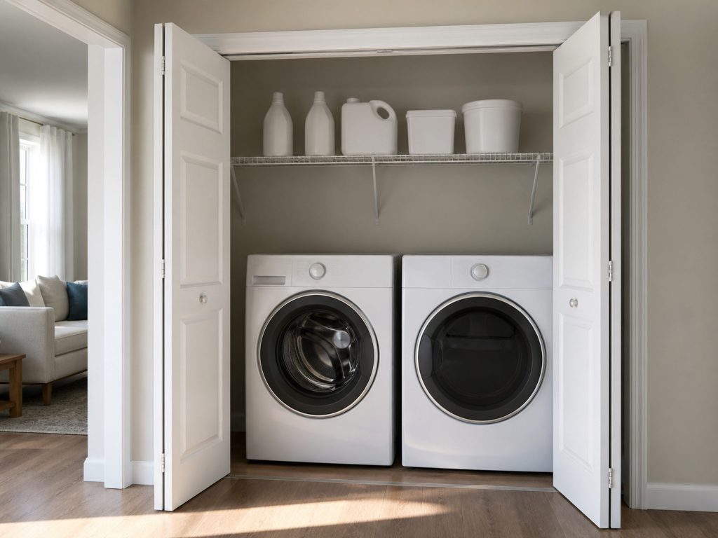 A washer and dryer pair standing side by side in a laundry closet with folding doors open, a shelf of detergent above them.