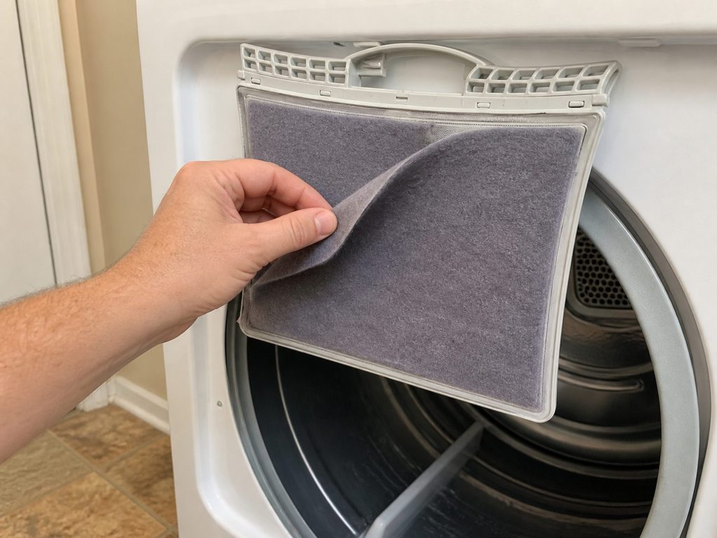 A lint screen pulled up out of the top of a dryer's door opening, a gray mat of lint across it, a hand about to peel it off.