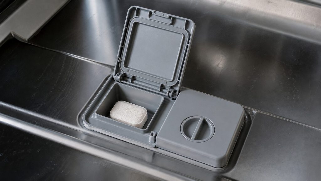 The detergent dispenser on the inside of a dishwasher door, its lid sprung open and a tablet sitting in the well, the rinse-aid cap beside it.