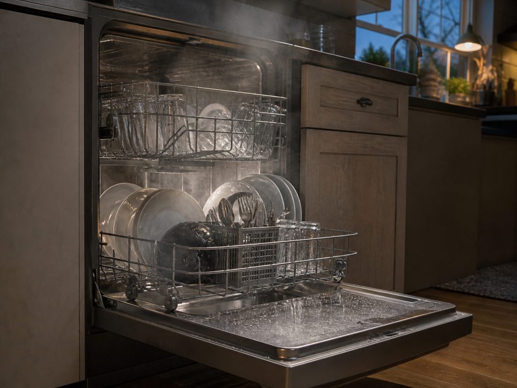 A dishwasher door dropped open right after a cycle, steam rising from the racks, dishes still wet, the kitchen behind in evening light.