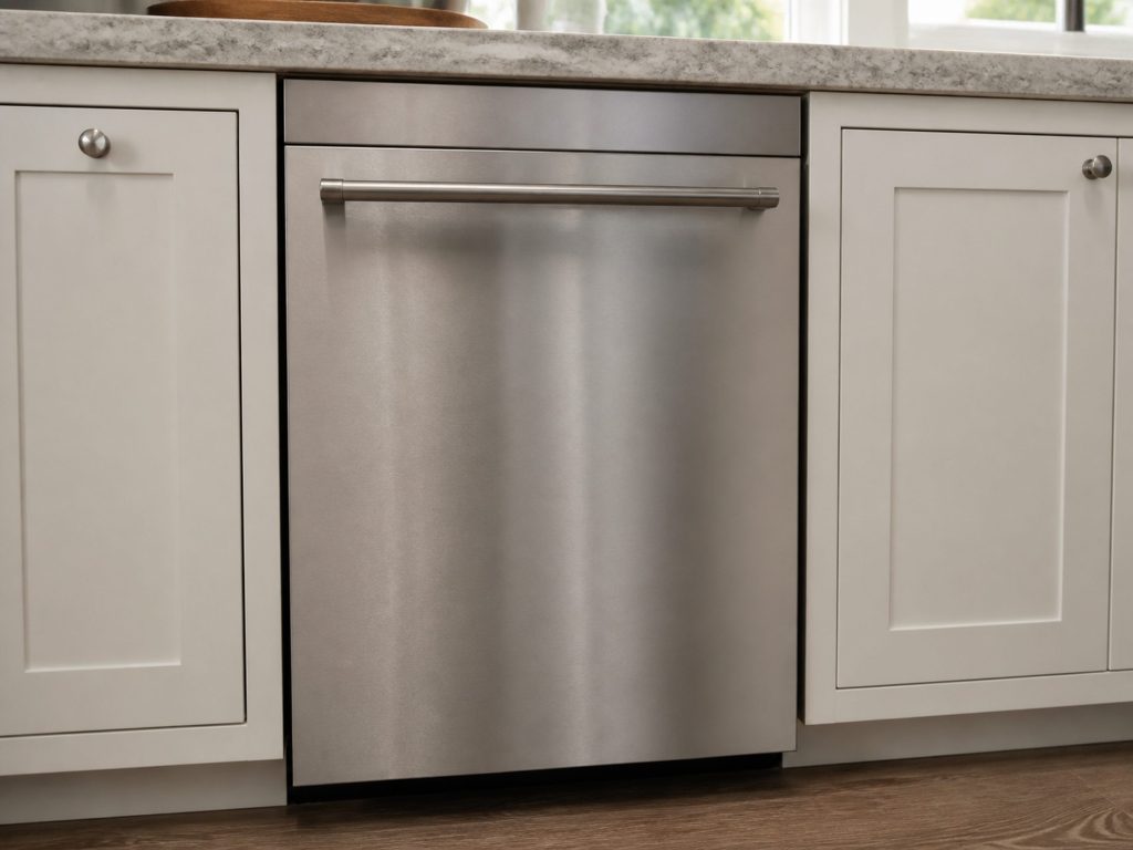 A stainless dishwasher front with the control panel across the top of the door and a bar handle below it, set between two cabinet doors, closed and clean.