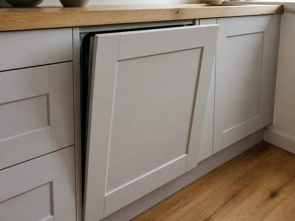 A panel-ready dishwasher behind a cabinet front, the door ajar by a hand's width so the stainless tub edge shows, a wooden worktop above.