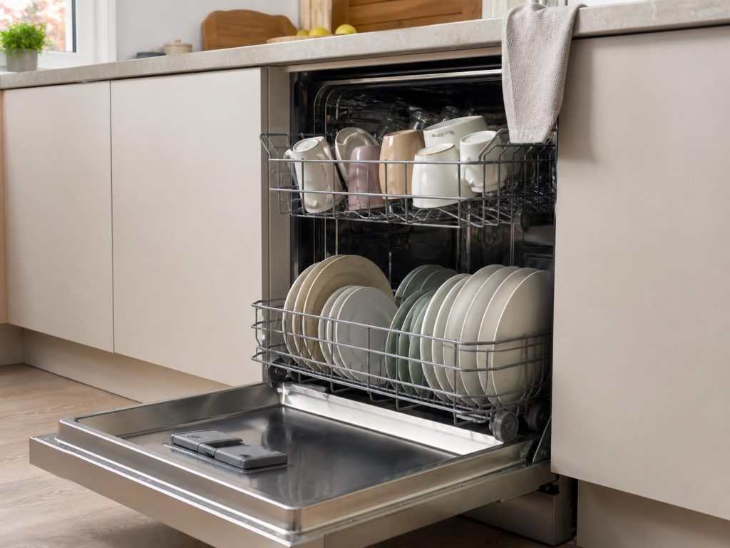 An open dishwasher fully loaded on both racks — plates below, cups and bowls above — the door flat and a tea towel over the worktop edge above it.