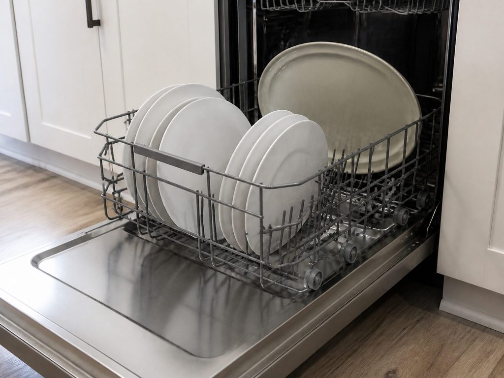 The lower rack of an open dishwasher rolled out, dinner plates standing on edge between the tines, a serving dish leaning at the back.