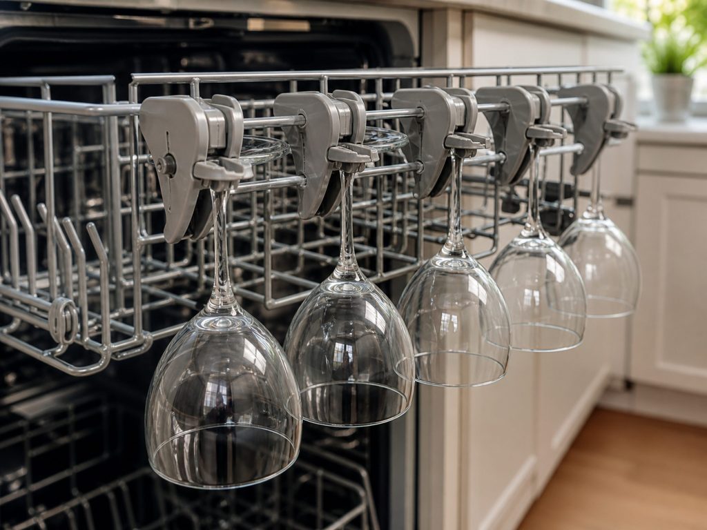 Wine glasses held by folding stemware clips along the side of a dishwasher's upper rack, the bowls hanging clear of the tines.