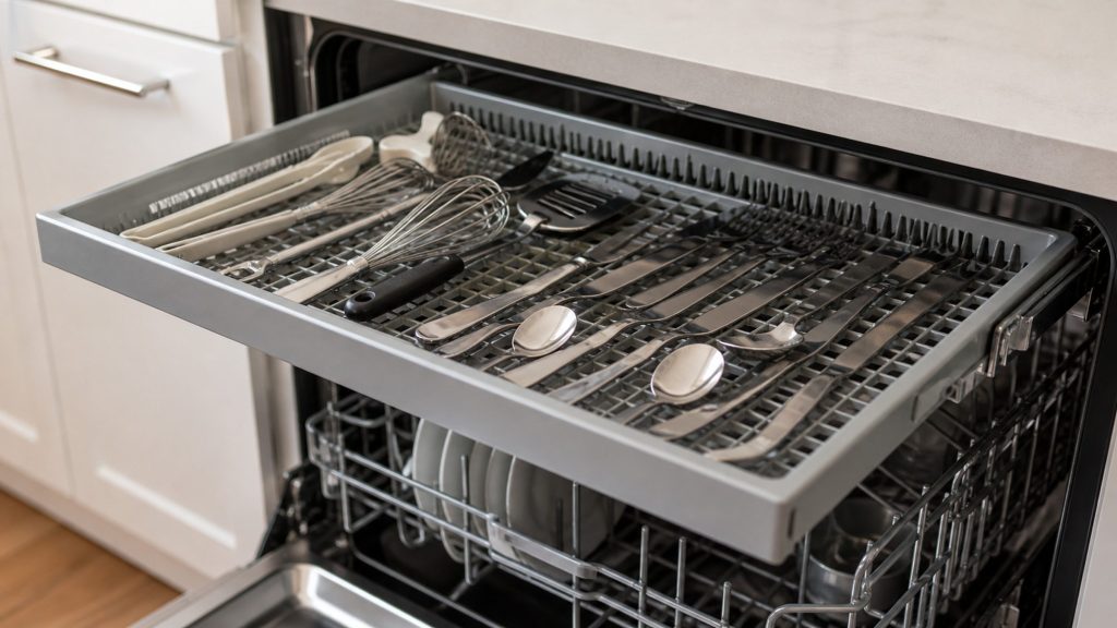 A shallow third-level rack pulled out at the top of an open dishwasher, cutlery and small utensils lying flat across it, the upper rack below out of focus.