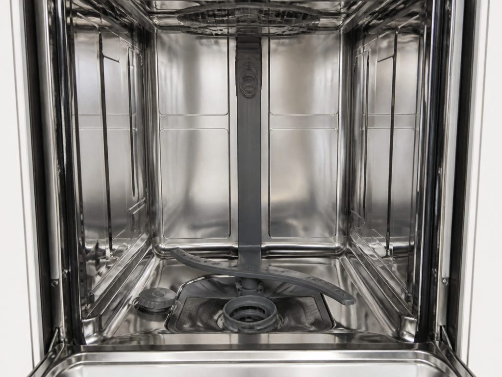 The empty stainless interior of a dishwasher with both racks removed, the tub walls, the sump and the rear wash tower plainly visible.