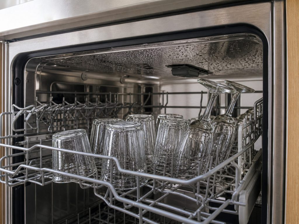 The upper rack of a dishwasher pulled out, tumblers and stemmed glasses standing inverted between the tines, water still beaded on the stainless roof above.