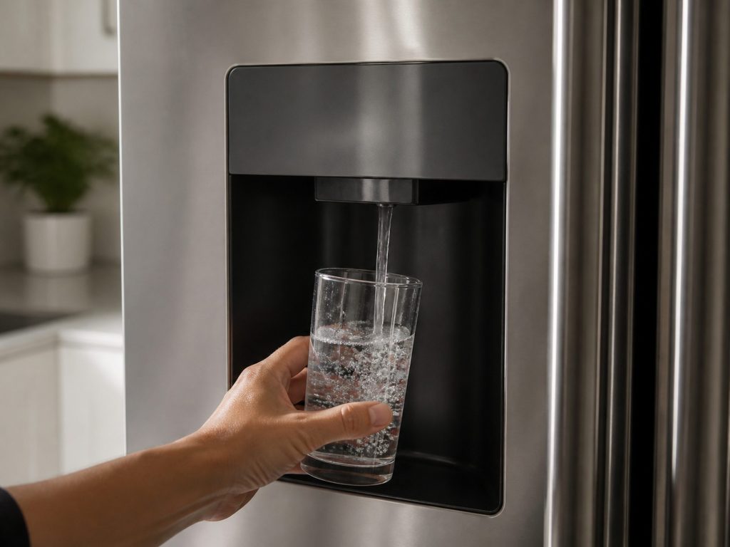 A hand holding a tall glass under an exterior through-the-door water and ice dispenser recessed into a stainless refrigerator front, water arriving.