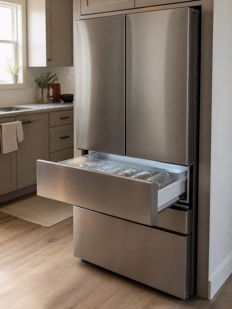 A four-door refrigerator with only the middle convertible drawer pulled open, drinks lying in it, the doors above and the freezer below both closed.