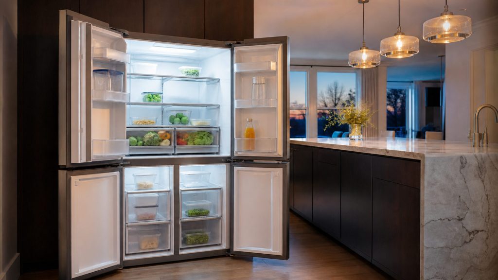 A four-door refrigerator standing open in a large kitchen, its interior lit, a marble island and pendant lights behind, evening light through the far window.