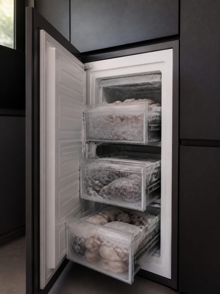 A freezer compartment with its drawers pulled out, clear boxes of frozen food stacked in them