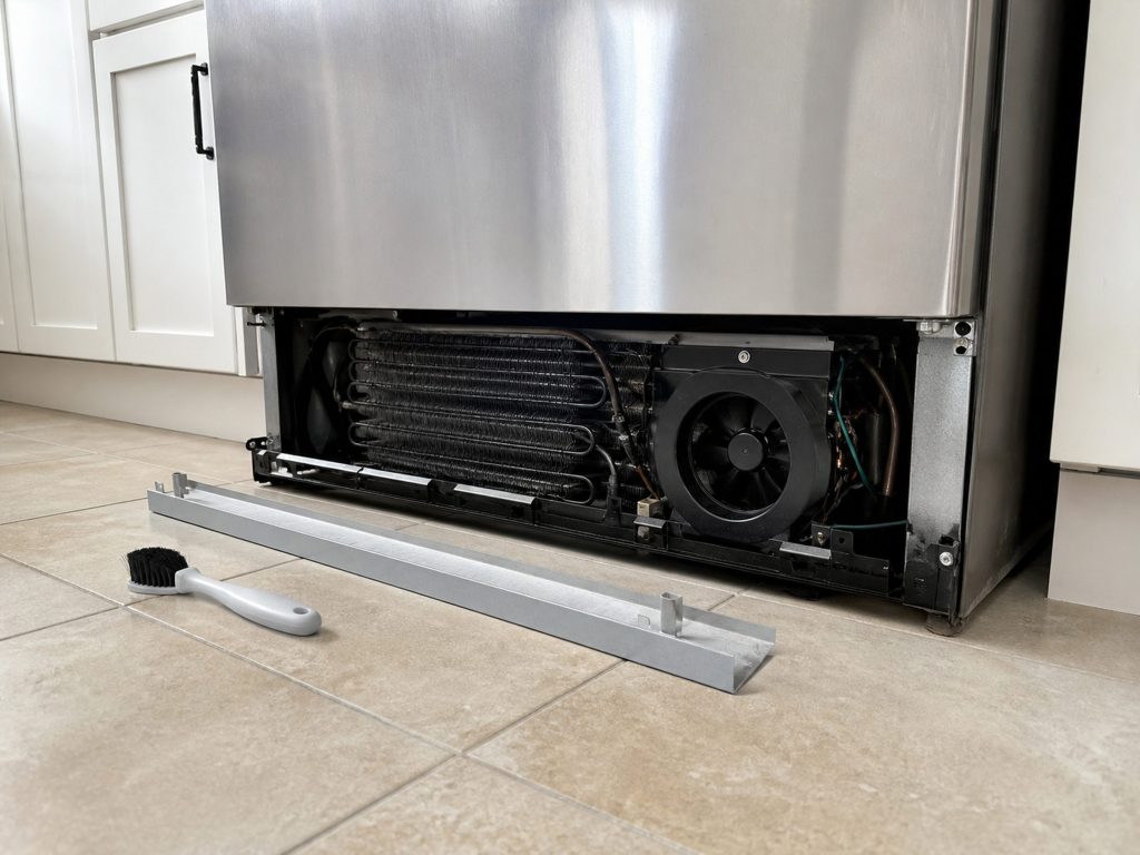 The kickplate removed from the base of a freestanding refrigerator, the condenser coil and fan visible in the shadow beneath, a soft brush lying on the tiles beside it.