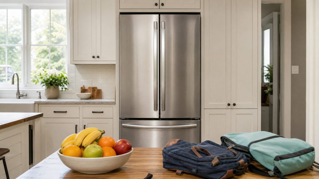 A stainless French door refrigerator in a bright family kitchen at breakfast time, doors closed, a bowl of fruit and school bags on the island in front of it.