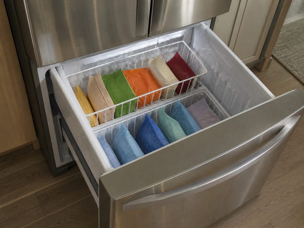 The lower freezer drawer of a French door refrigerator open, two wire baskets stacked inside with frozen packets standing upright, frost light on the walls.