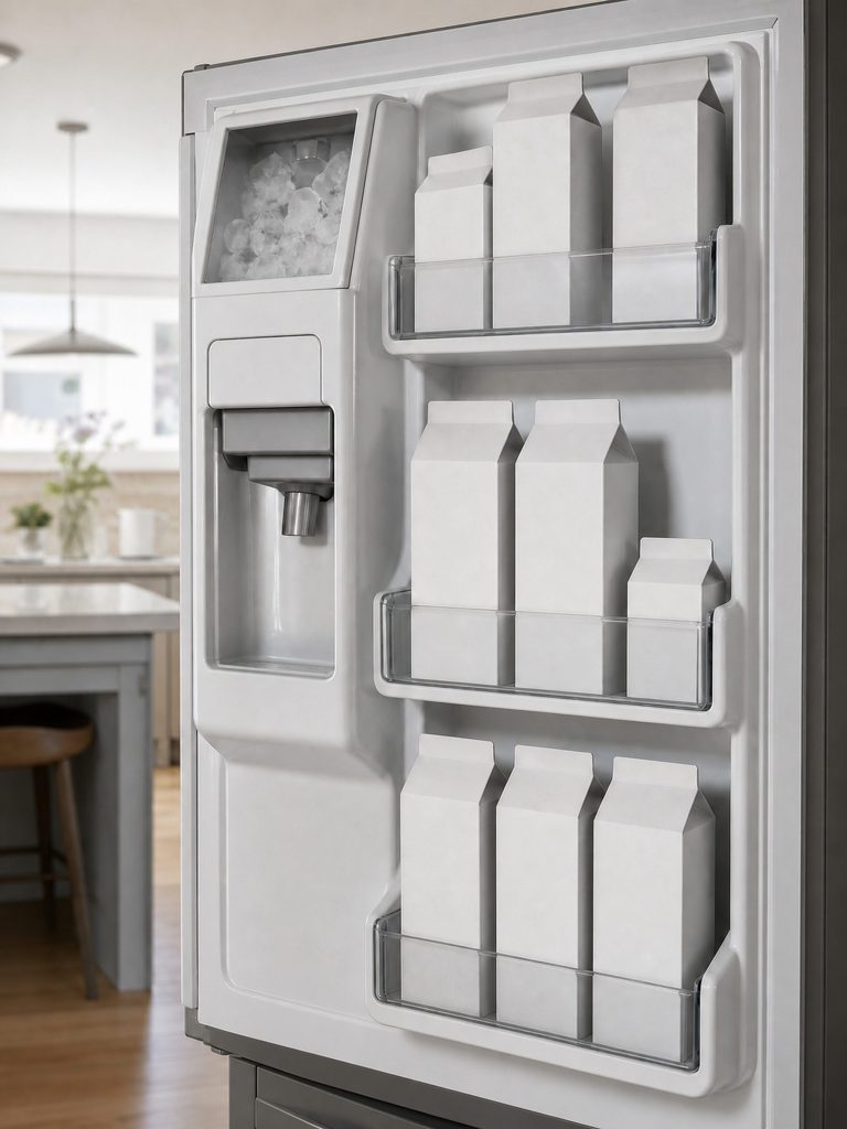 The inside of a refrigerator's left-hand door with an ice compartment and water outlet built into it, door bins loaded with cartons, the kitchen out of focus behind.