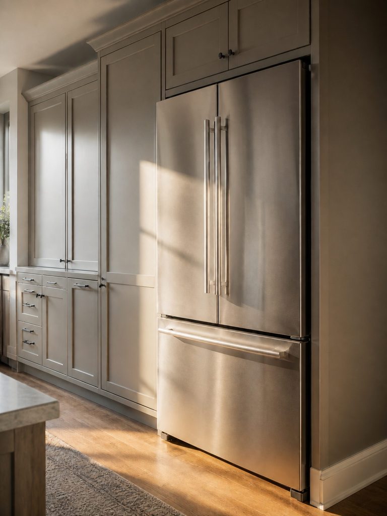 A tall French door refrigerator at the end of a run of full-height cabinets, its doors closed, warm morning light raking across the stainless from a side window.