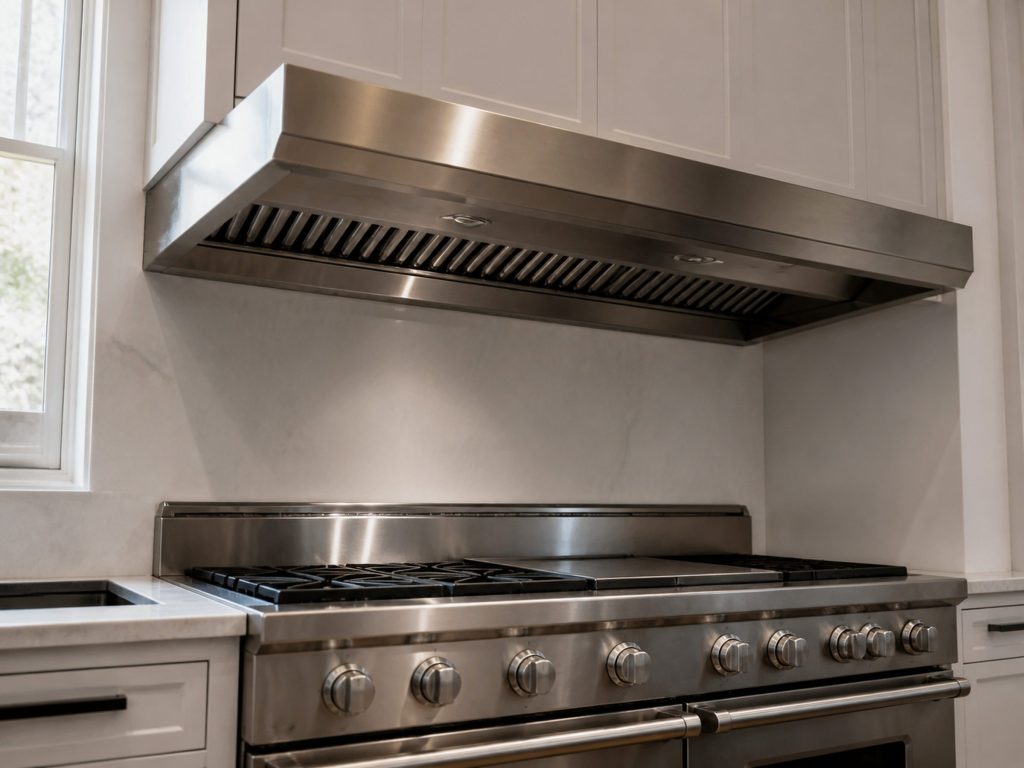 A heavy commercial-style under-cabinet hood with a deep stainless canopy and a thick front rail, mounted over a professional-looking range.